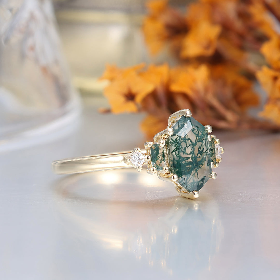 1,1 CT langer sechseckiger Schnitt Moosachat Verlobungsring für Frauen Geschenk