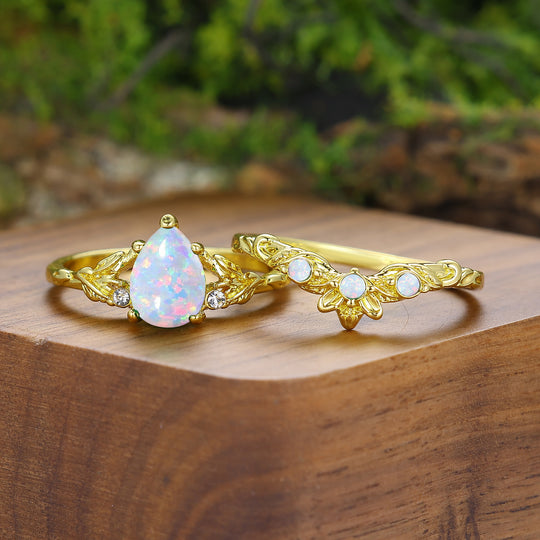 Leaf Branch Style Pink White Opal Couple Rings Yellow Gold Plated Rings For Him And Her