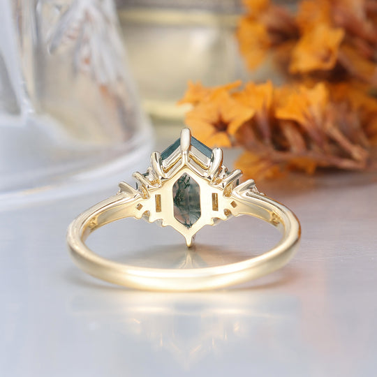 1,1 CT langer sechseckiger Schnitt Moosachat Verlobungsring für Frauen Geschenk