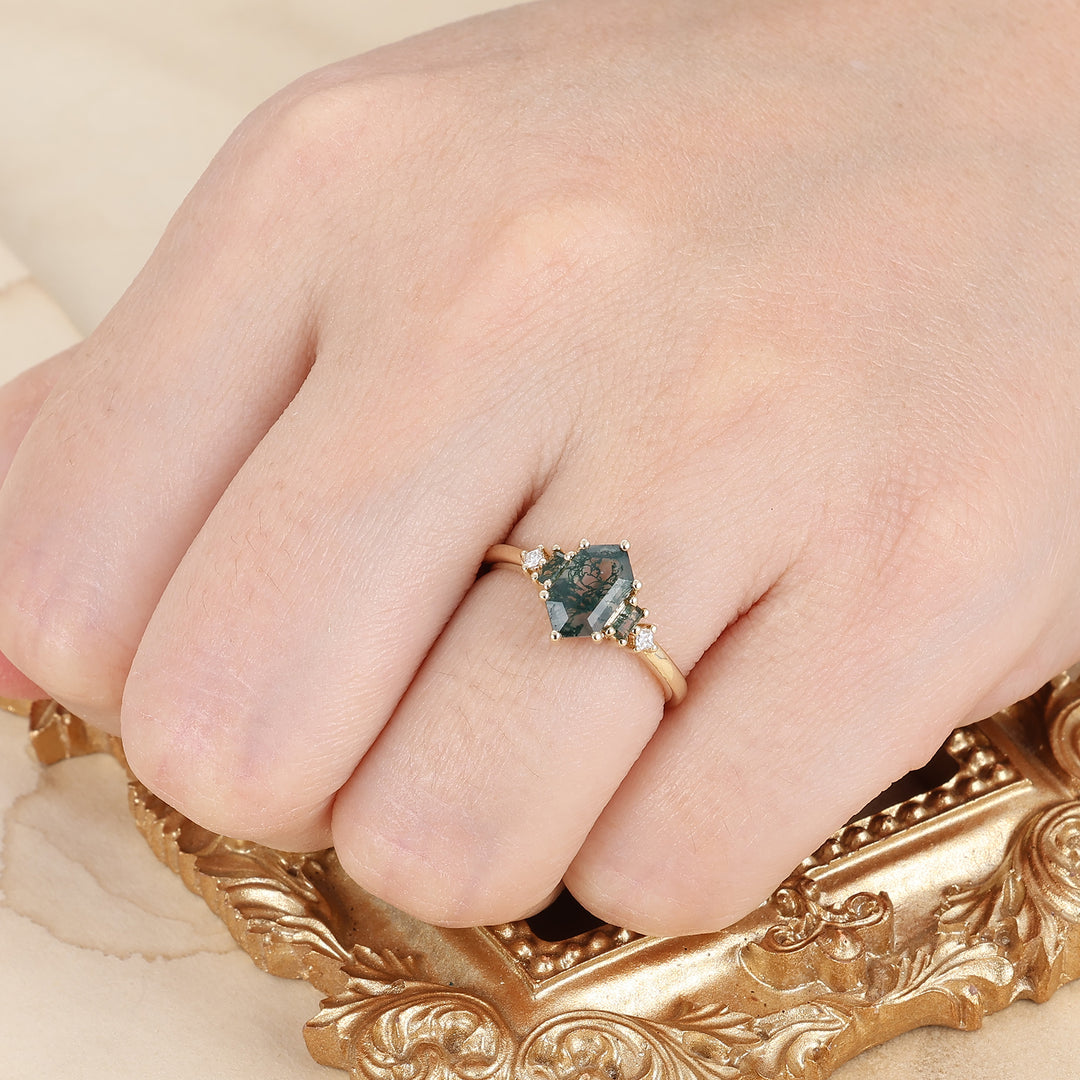 1,1 CT langer sechseckiger Schnitt Moosachat Verlobungsring für Frauen Geschenk