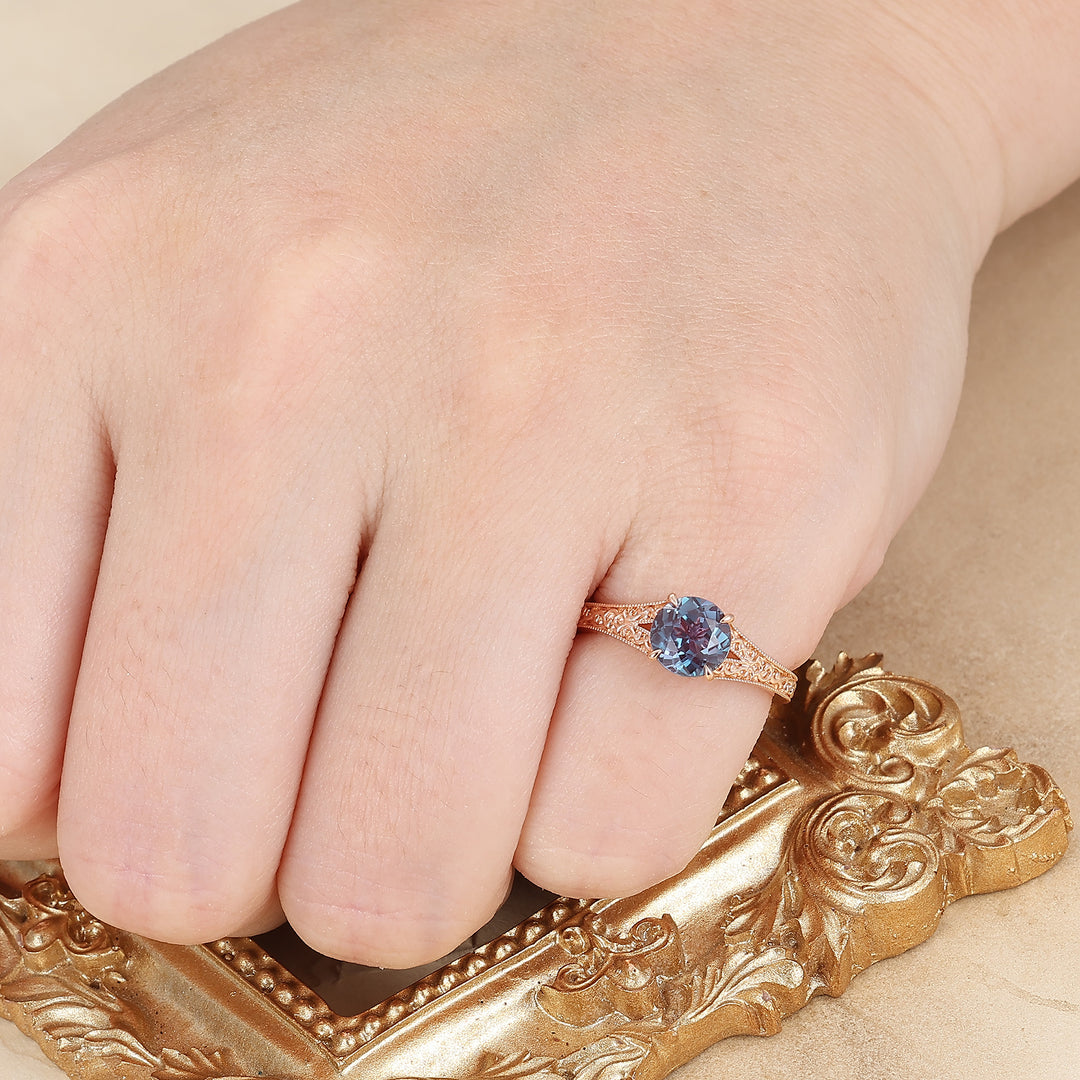 14K Vintage Round Cut Solitaire Yellow Gold Alexandrite Engagement Ring Filigree Ring