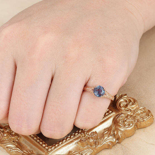 14K Vintage Round Cut Solitaire Yellow Gold Alexandrite Engagement Ring Filigree Ring