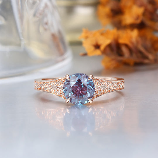 14K Vintage Round Cut Solitaire Yellow Gold Alexandrite Engagement Ring Filigree Ring
