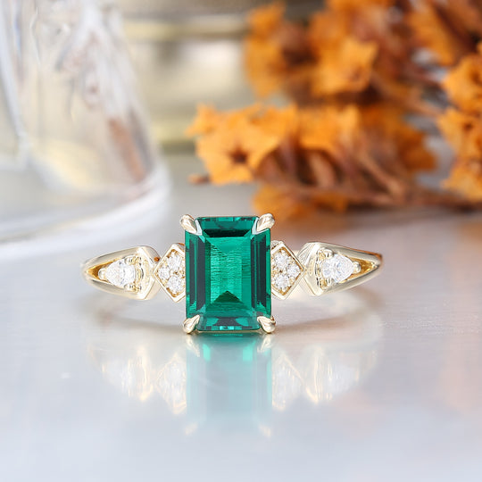 6x8mm emerald cut emerald ring gold vintage emerald engagement ring 14k rose gold unique engagement ring moissanite wedding ring
