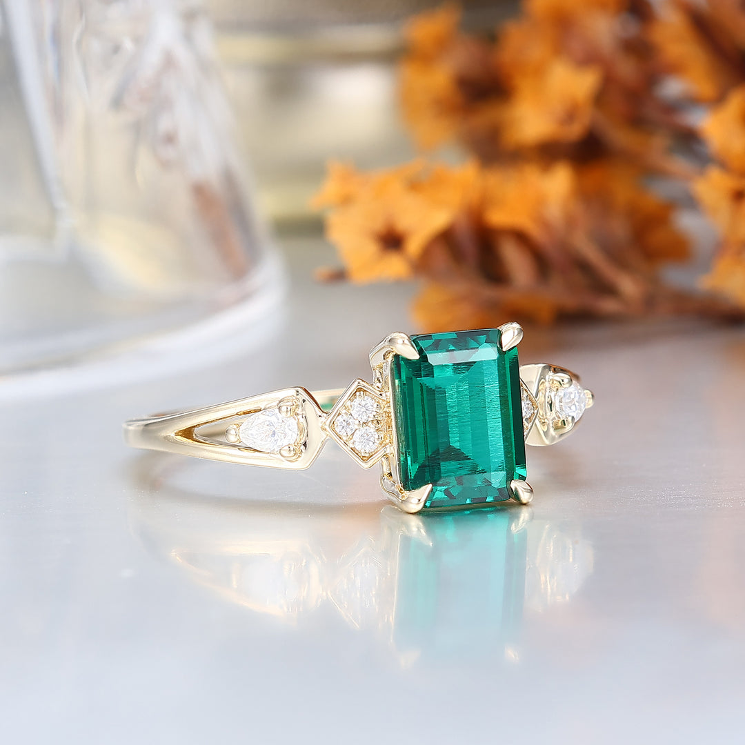 6x8mm emerald cut emerald ring gold vintage emerald engagement ring 14k rose gold unique engagement ring moissanite wedding ring