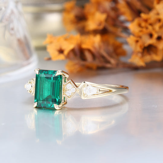 6x8mm emerald cut emerald ring gold vintage emerald engagement ring 14k rose gold unique engagement ring moissanite wedding ring
