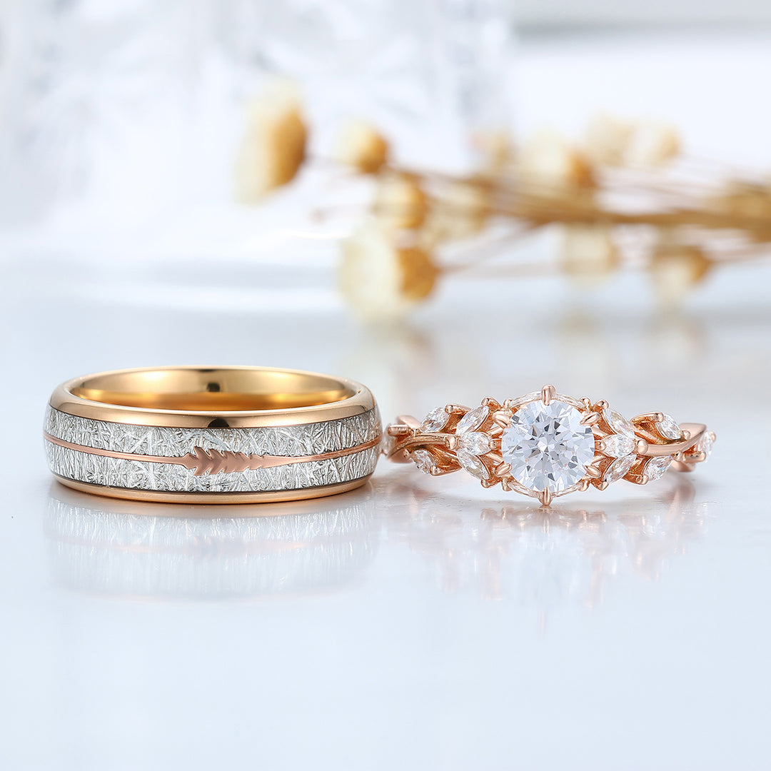 Blad-geïnspireerde moissaniet paarringen, roségoud vergulde takringen voor geliefden, zijn- en haar ringen