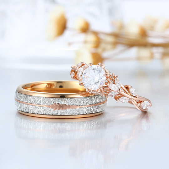 Blad-geïnspireerde moissaniet paarringen, roségoud vergulde takringen voor geliefden, zijn- en haar ringen