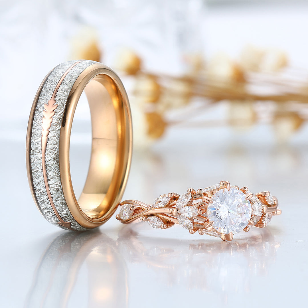 Blad-geïnspireerde moissaniet paarringen, roségoud vergulde takringen voor geliefden, zijn- en haar ringen