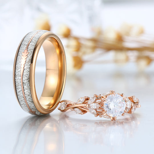 Blad-geïnspireerde moissaniet paarringen, roségoud vergulde takringen voor geliefden, zijn- en haar ringen