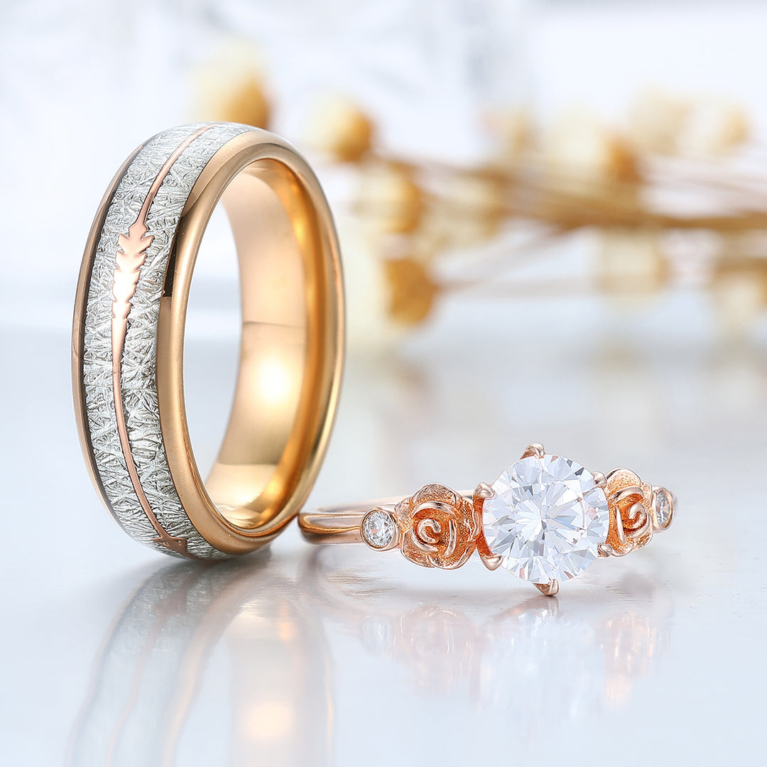 Stijlvolle ronde moissanite paarringen met bloemgravure, roségoud verguld — liefdesringen voor hem en haar