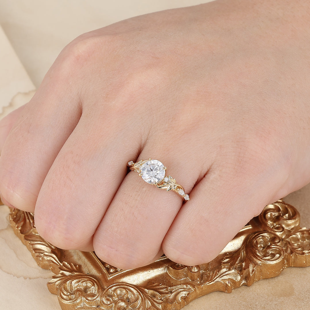 Elegant Leaf Engraved Round Moissanite Bridal Ring Handcrafted 14K Solid Gold Engagement Ring