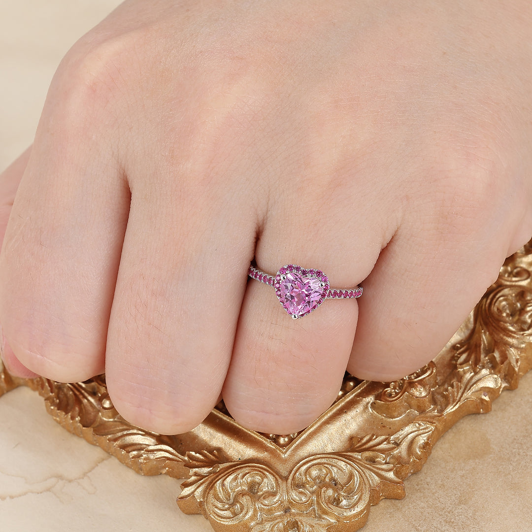 Romantic Halo 1CT Heart Cut Pink Sapphire Women's Ring Half Eternity Bridal Ring