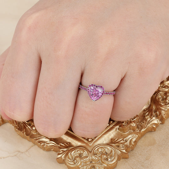 Romantic Halo 1CT Heart Cut Pink Sapphire Women's Ring Half Eternity Bridal Ring