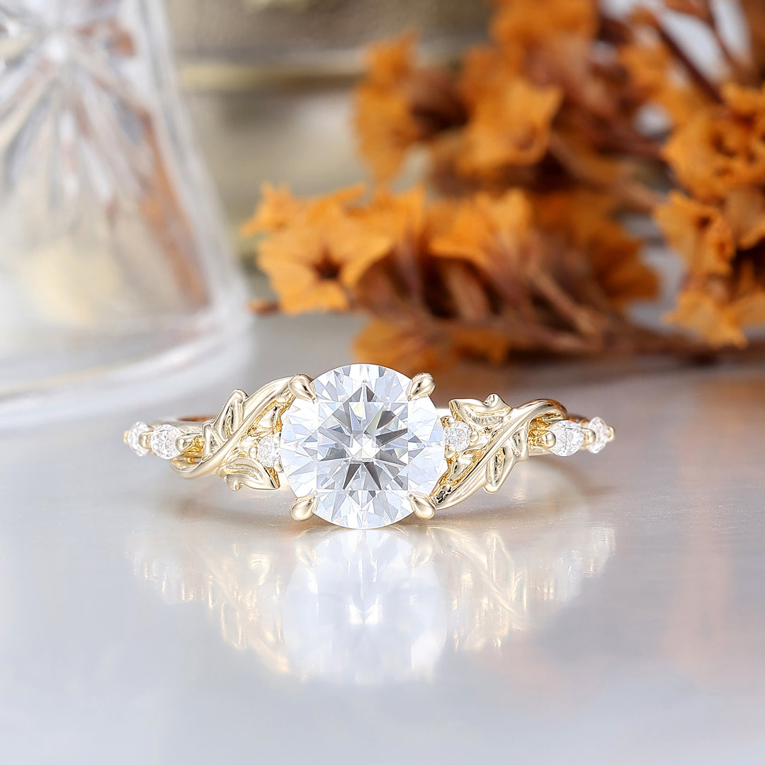 Elegant Leaf Engraved Round Moissanite Bridal Ring Handcrafted 14K Solid Gold Engagement Ring