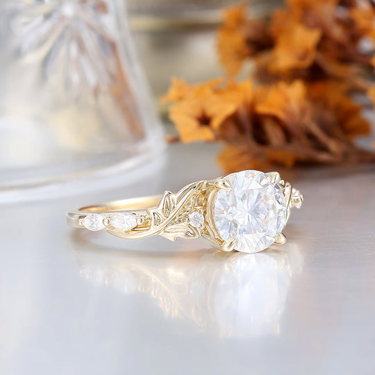 Elegant Leaf Engraved Round Moissanite Bridal Ring Handcrafted 14K Solid Gold Engagement Ring