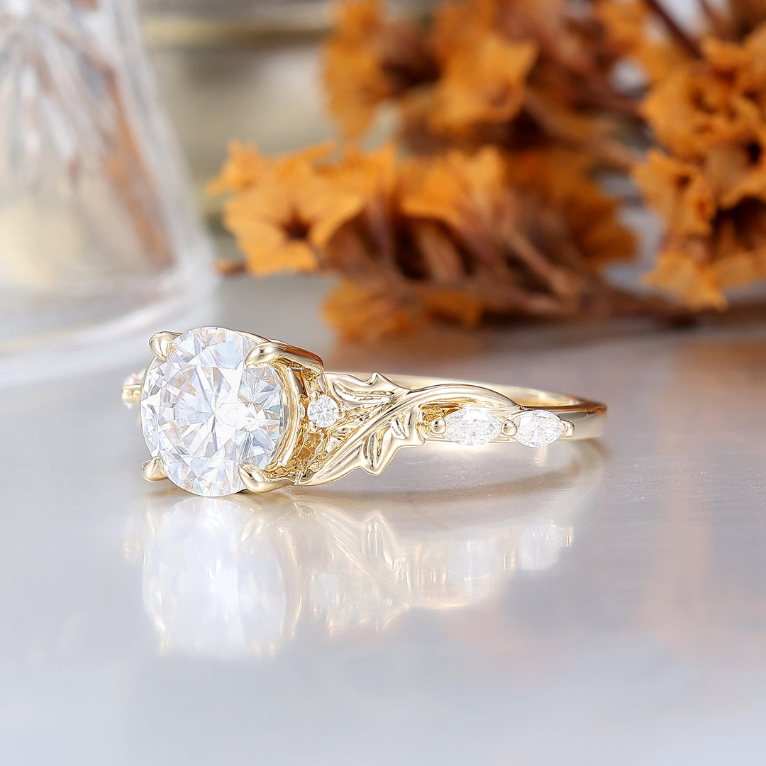 Elegant Leaf Engraved Round Moissanite Bridal Ring Handcrafted 14K Solid Gold Engagement Ring