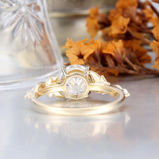 Elegant Leaf Engraved Round Moissanite Bridal Ring Handcrafted 14K Solid Gold Engagement Ring