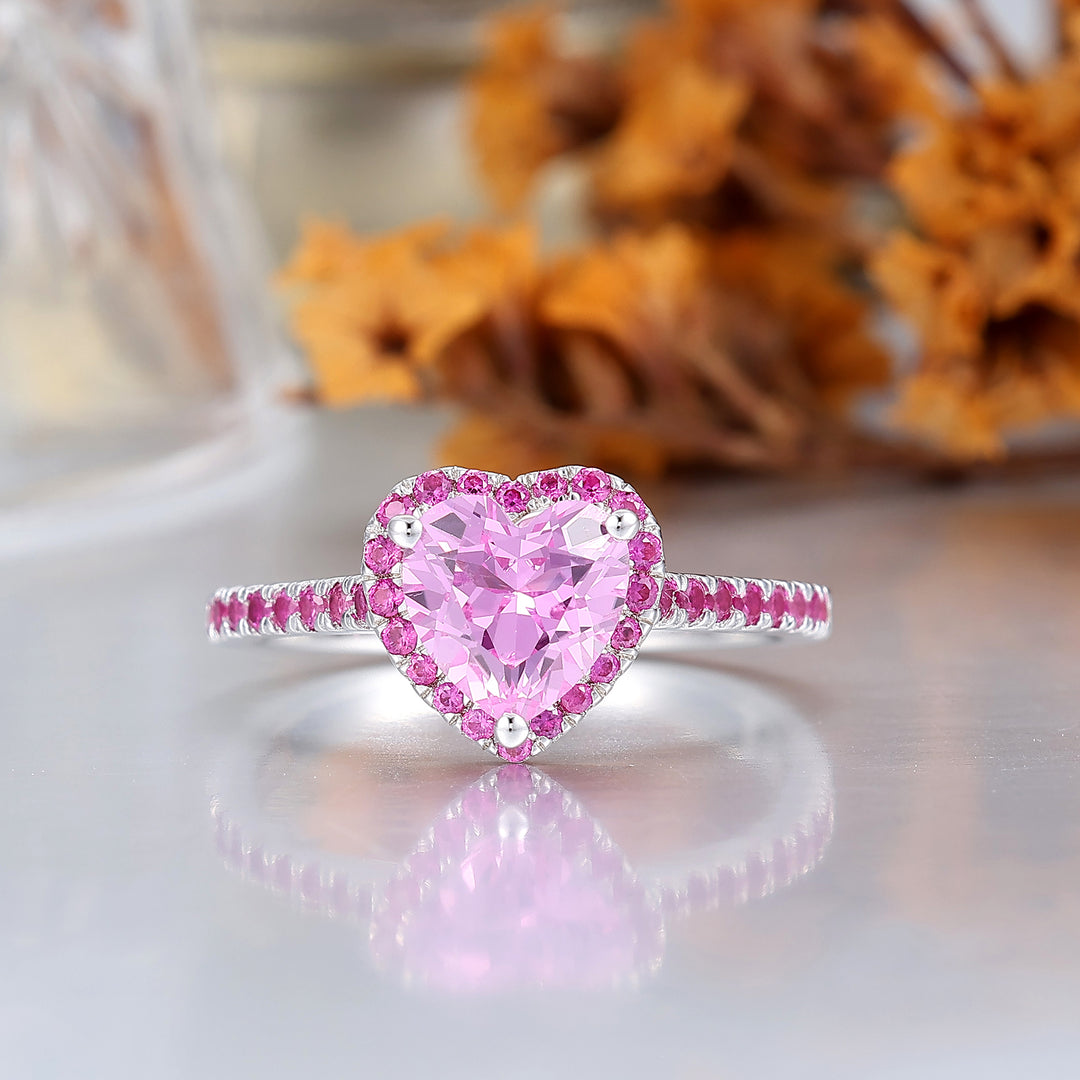 Romantic Halo 1CT Heart Cut Pink Sapphire Women's Ring Half Eternity Bridal Ring