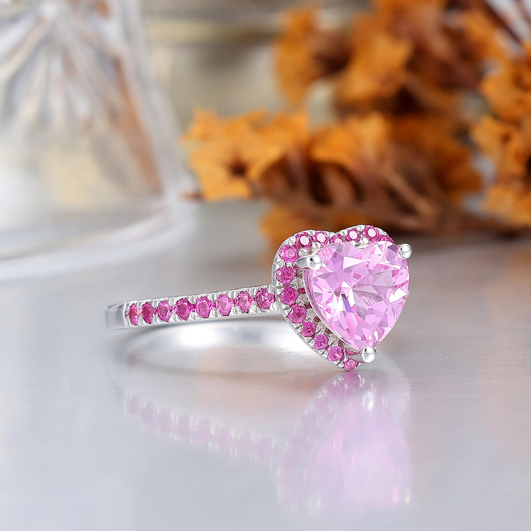 Romantic Halo 1CT Heart Cut Pink Sapphire Women's Ring Half Eternity Bridal Ring