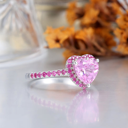 Romantic Halo 1CT Heart Cut Pink Sapphire Women's Ring Half Eternity Bridal Ring