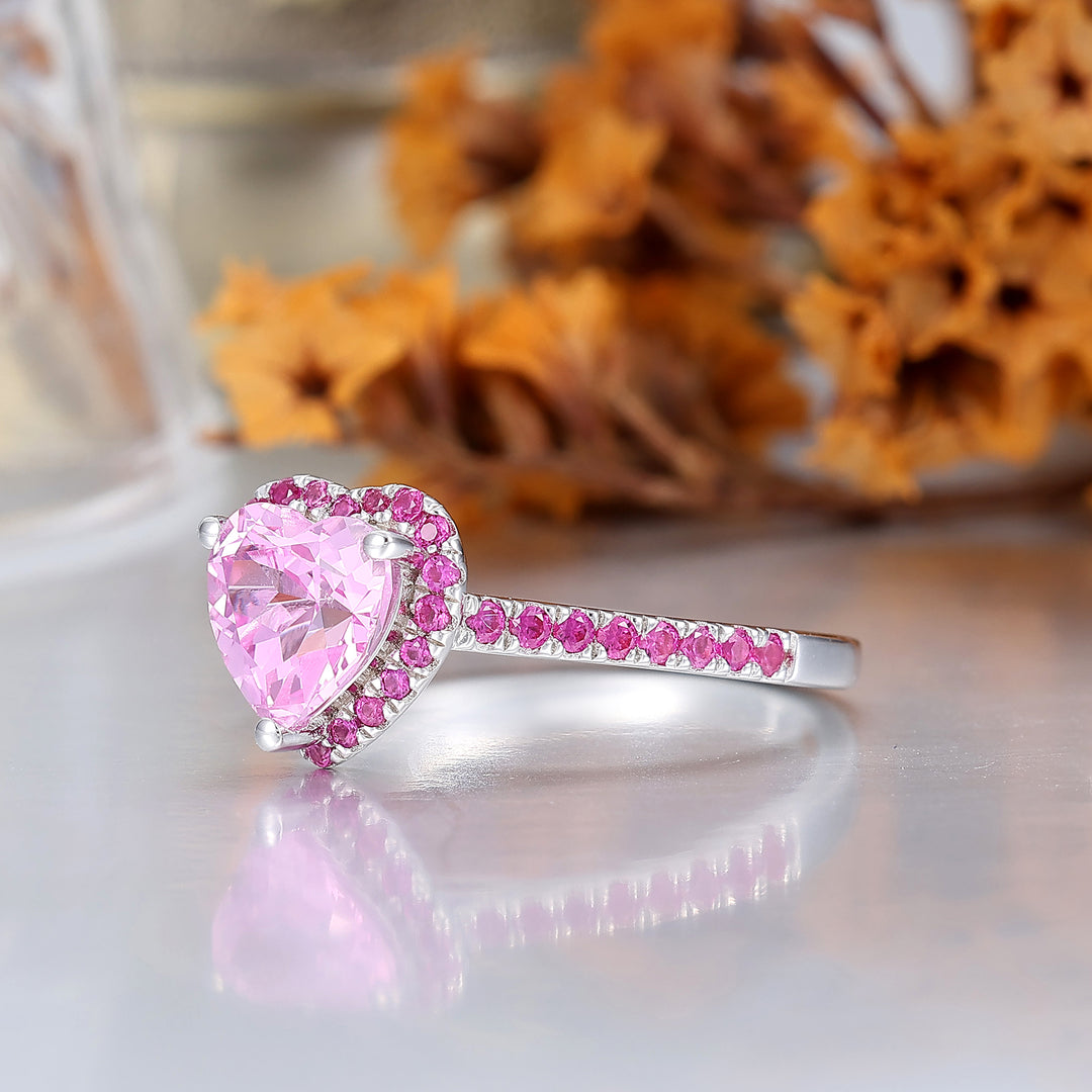 Romantic Halo 1CT Heart Cut Pink Sapphire Women's Ring Half Eternity Bridal Ring