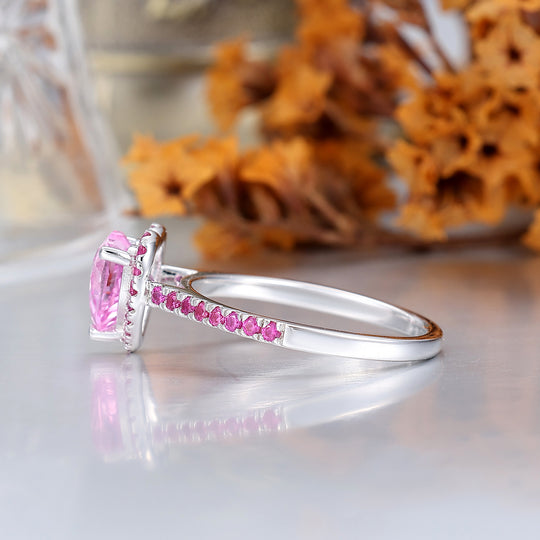 Romantic Halo 1CT Heart Cut Pink Sapphire Women's Ring Half Eternity Bridal Ring