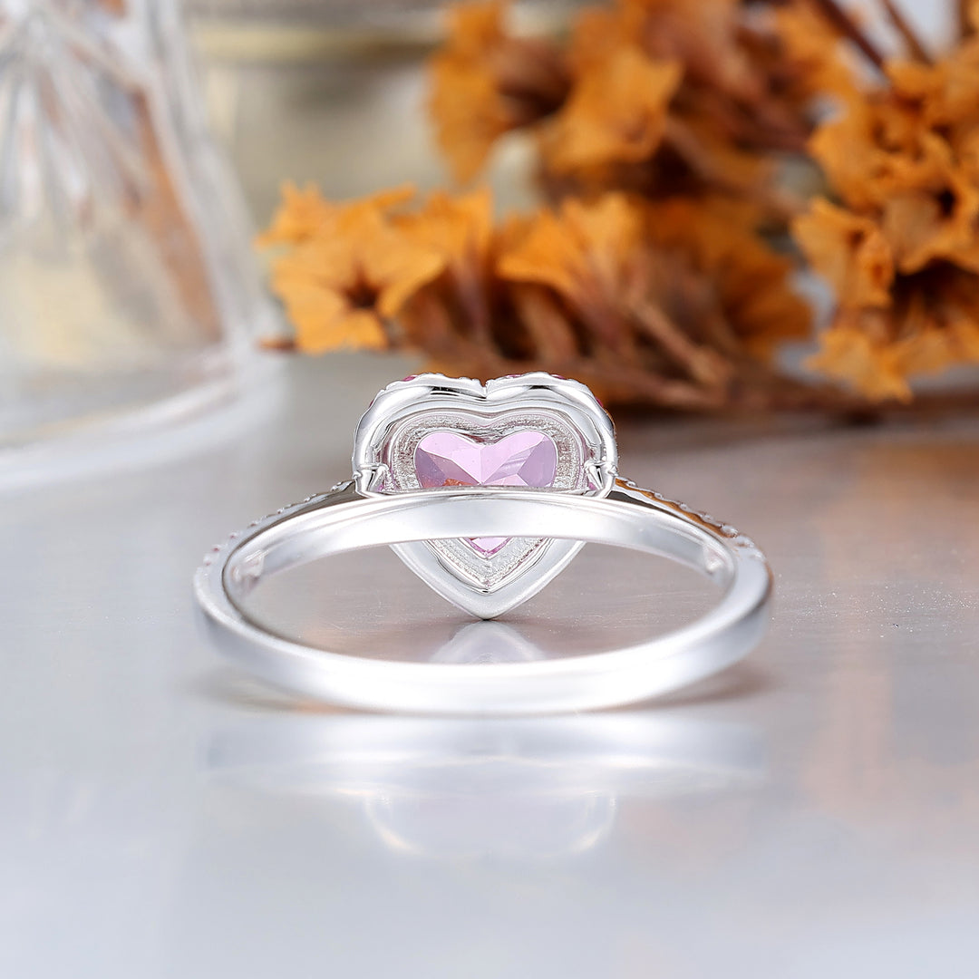 Romantic Halo 1CT Heart Cut Pink Sapphire Women's Ring Half Eternity Bridal Ring