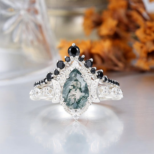 Vintage Black Plated Natural Moss Agate Pear Black Obsidian Couples Ring Set