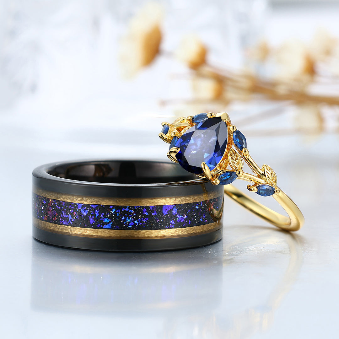 Elegante Coppia di Anelli con Rametto di Foglia e Zaffiro Set di