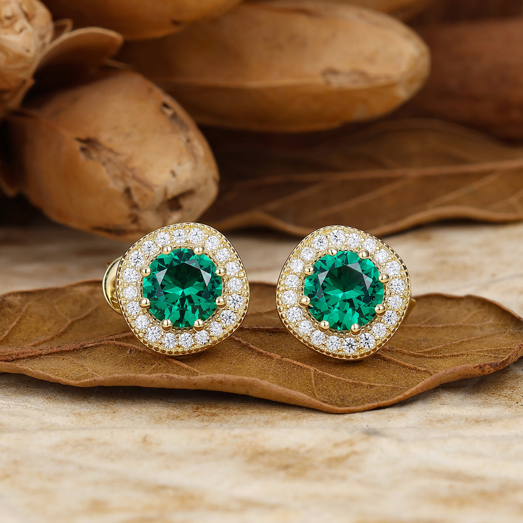 Elegantes aretes redondos de esmeralda con halo, aretes nupciales para boda, regalo para mujer