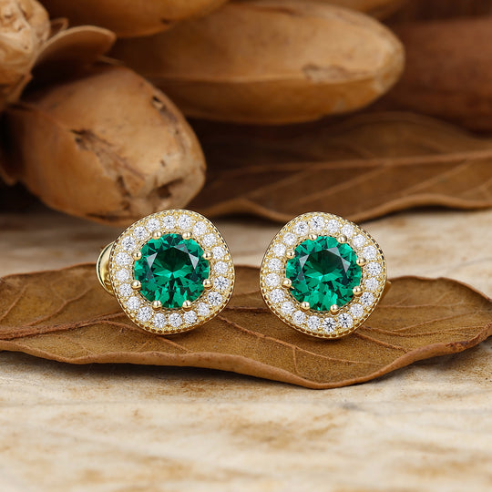 Elegantes aretes redondos de esmeralda con halo, aretes nupciales para boda, regalo para mujer