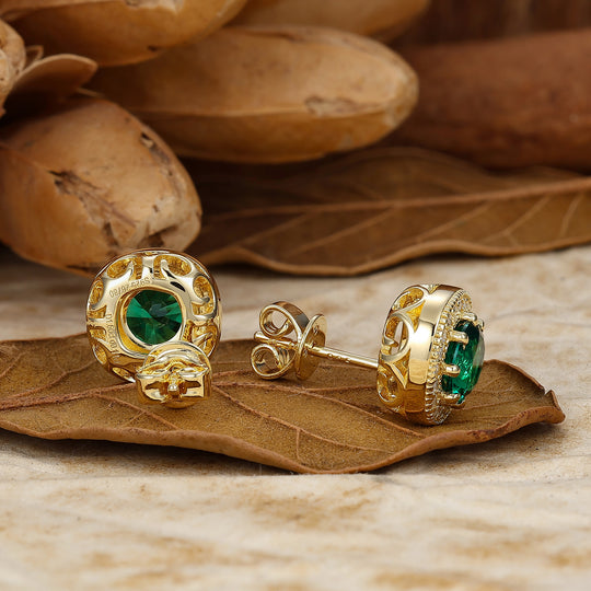 Elegantes aretes redondos de esmeralda con halo, aretes nupciales para boda, regalo para mujer