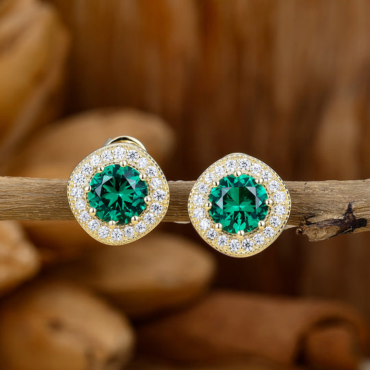 Elegantes aretes redondos de esmeralda con halo, aretes nupciales para boda, regalo para mujer
