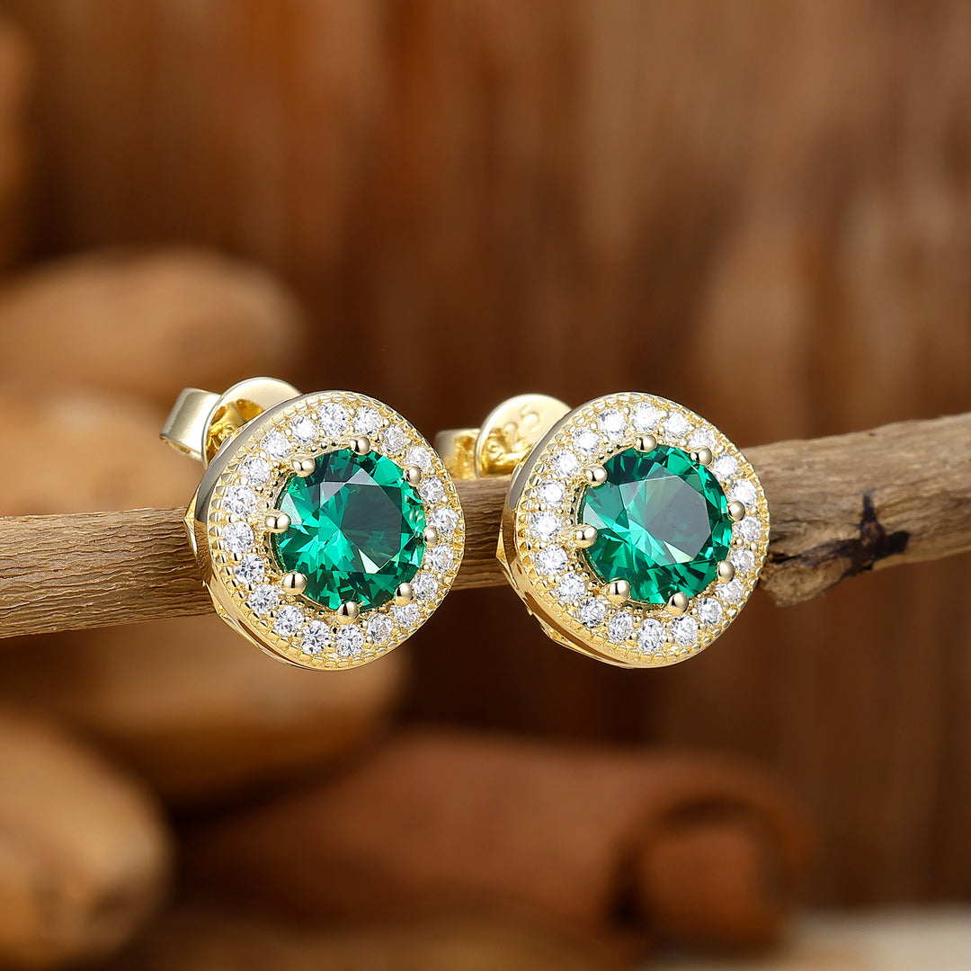 Elegantes aretes redondos de esmeralda con halo, aretes nupciales para boda, regalo para mujer