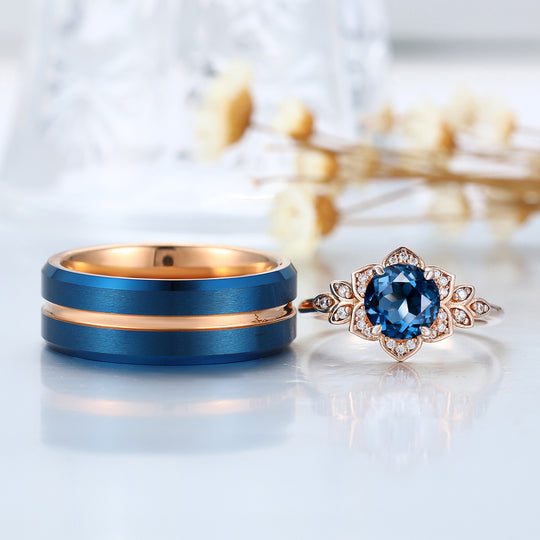 London Blue Topaz Cluster Floral Couple Rings Blue And Rose Gold Plated Rings For Him For Her