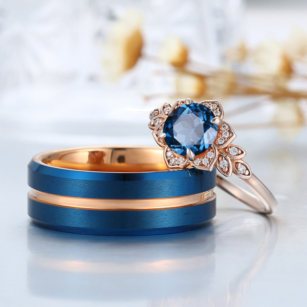 London Blue Topaz Cluster Floral Couple Rings Blue And Rose Gold Plated Rings For Him For Her