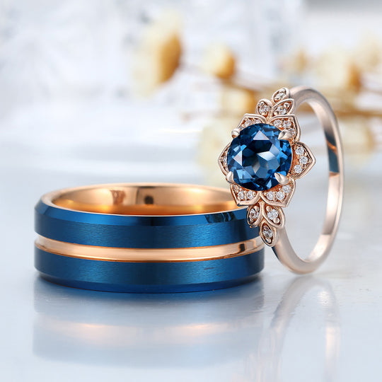 London Blue Topaz Cluster Floral Couple Rings Blue And Rose Gold Plated Rings For Him For Her