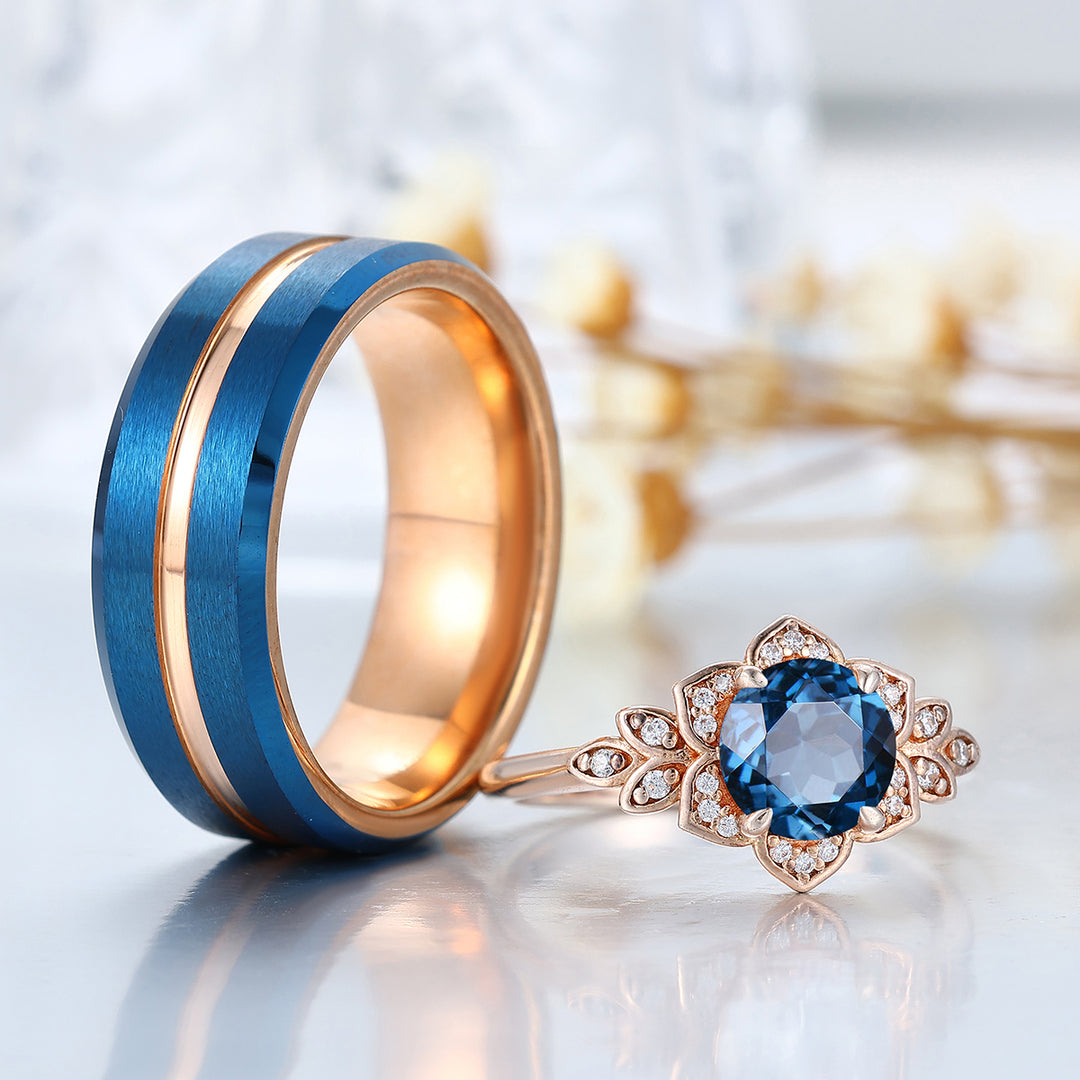 London Blue Topaz Cluster Floral Couple Rings Blue And Rose Gold Plated Rings For Him For Her