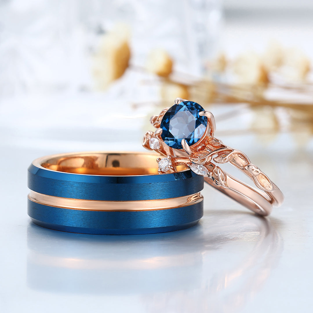 London Blue Topaz Nature Inspired Couple Ring Set 3pcs Blue