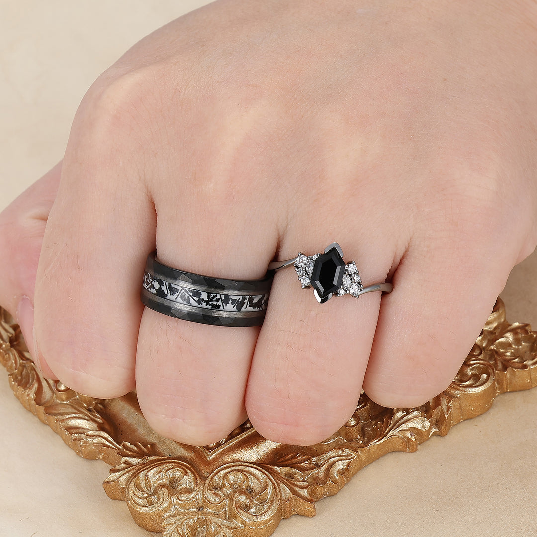 Noble Natural Black Onyx Accents Engagement Couples Ring Promise Wedding Bands For Men And Women