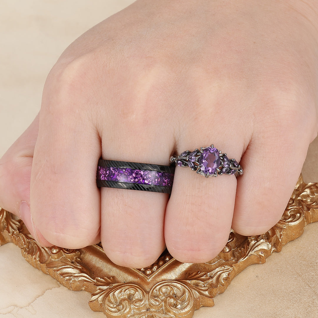 Art Deco Purple Amethyst Engagement Promise Couple Rings His and Hers Wedding Band