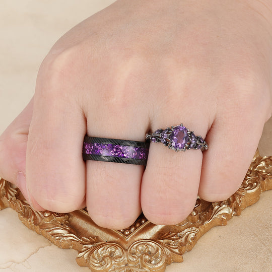 Art Deco Purple Amethyst Engagement Promise Couple Rings His and Hers Wedding Band