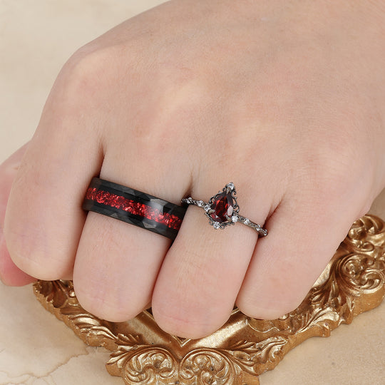 Vintage Natural Red Garnet Filigreed Engagement Couple Rings Matching Promise Hammered Birthday Rings