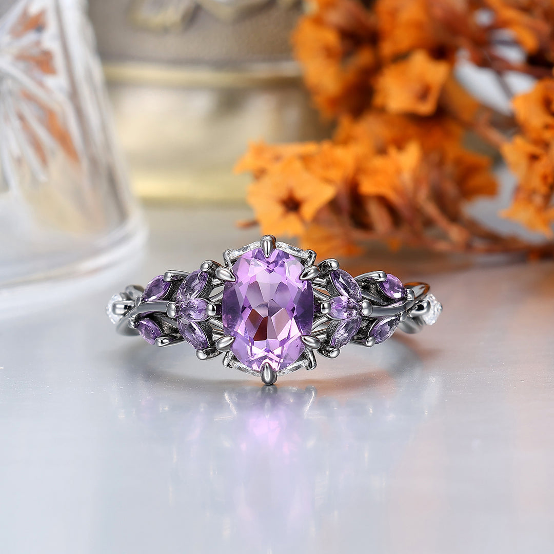 Art Deco Purple Amethyst Engagement Promise Couple Rings His and Hers Wedding Band