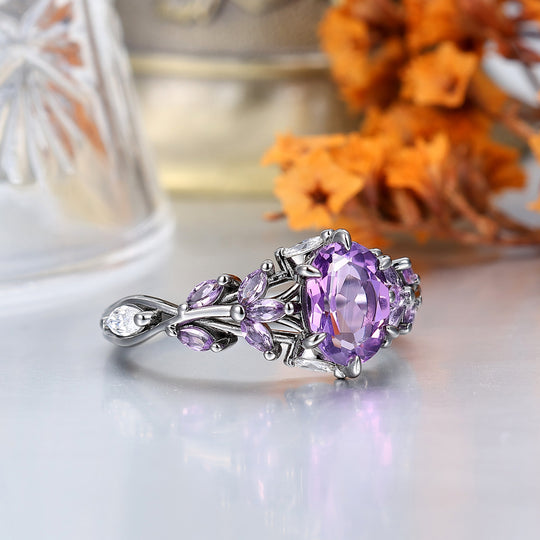 Art Deco Purple Amethyst Engagement Promise Couple Rings His and Hers Wedding Band