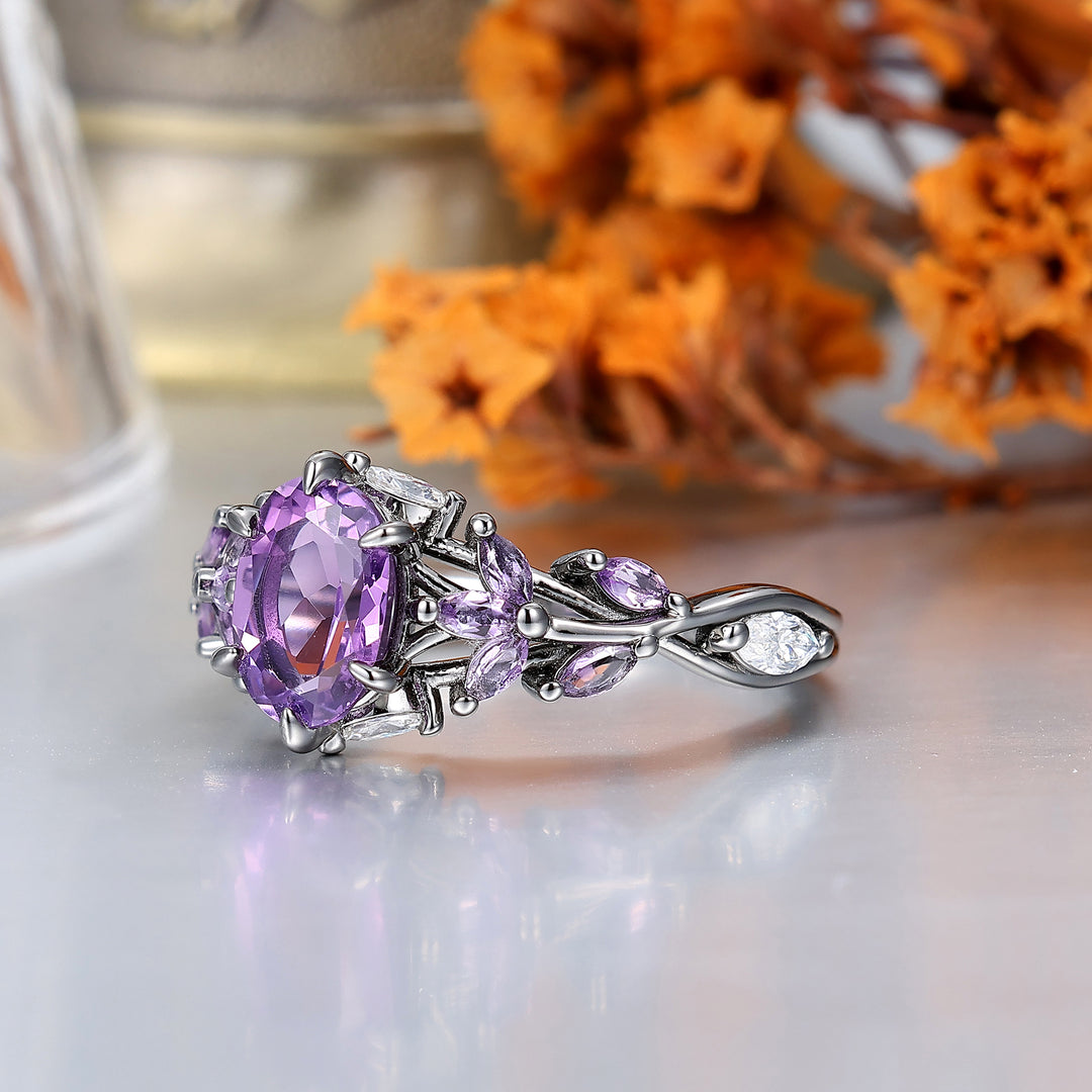 Art Deco Purple Amethyst Engagement Promise Couple Rings His and Hers Wedding Band