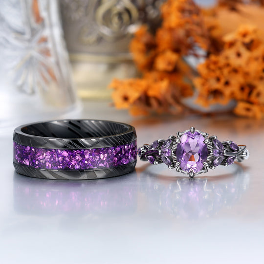 Art Deco Purple Amethyst Engagement Promise Couple Rings His and Hers Wedding Band