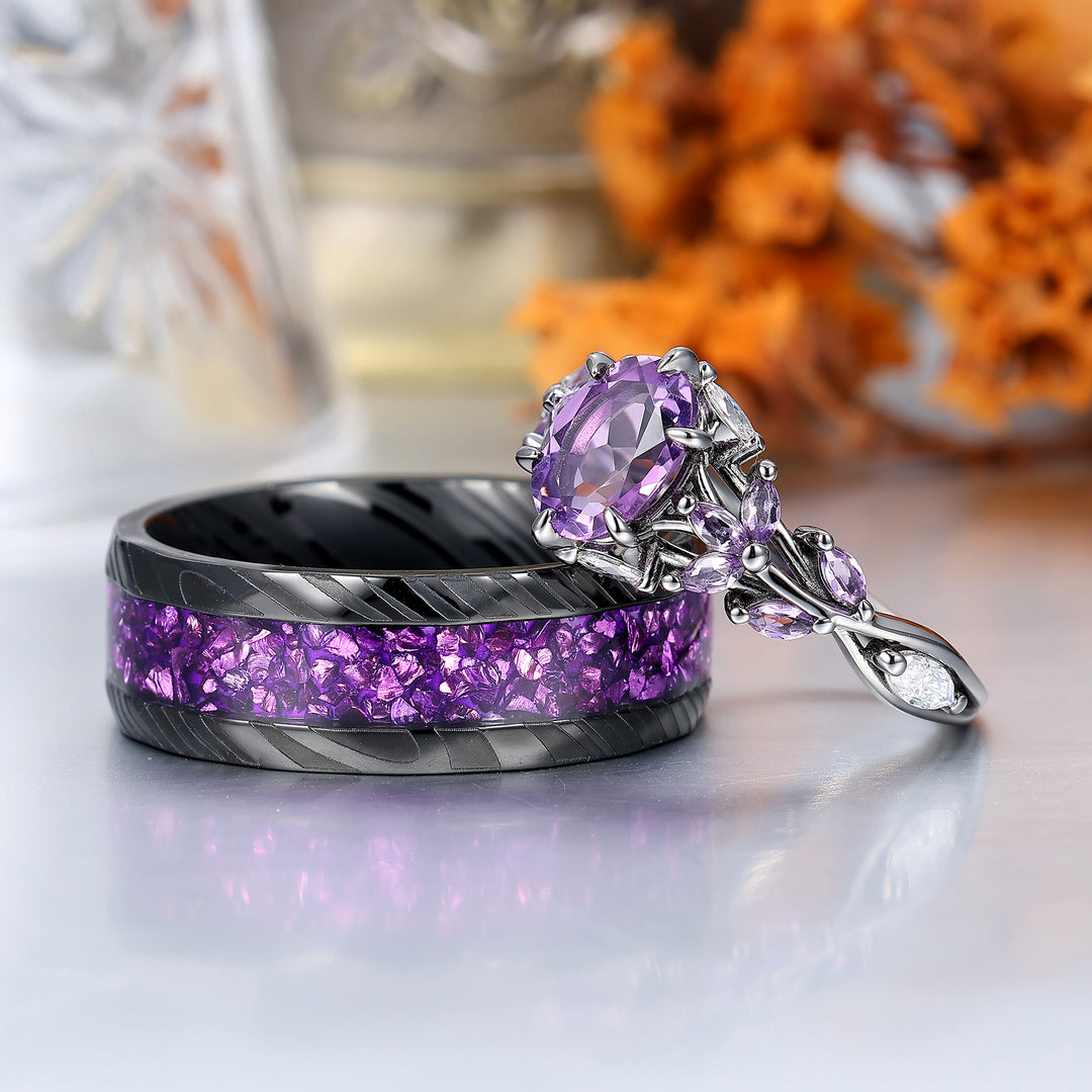 Art Deco Purple Amethyst Engagement Promise Couple Rings His and Hers Wedding Band