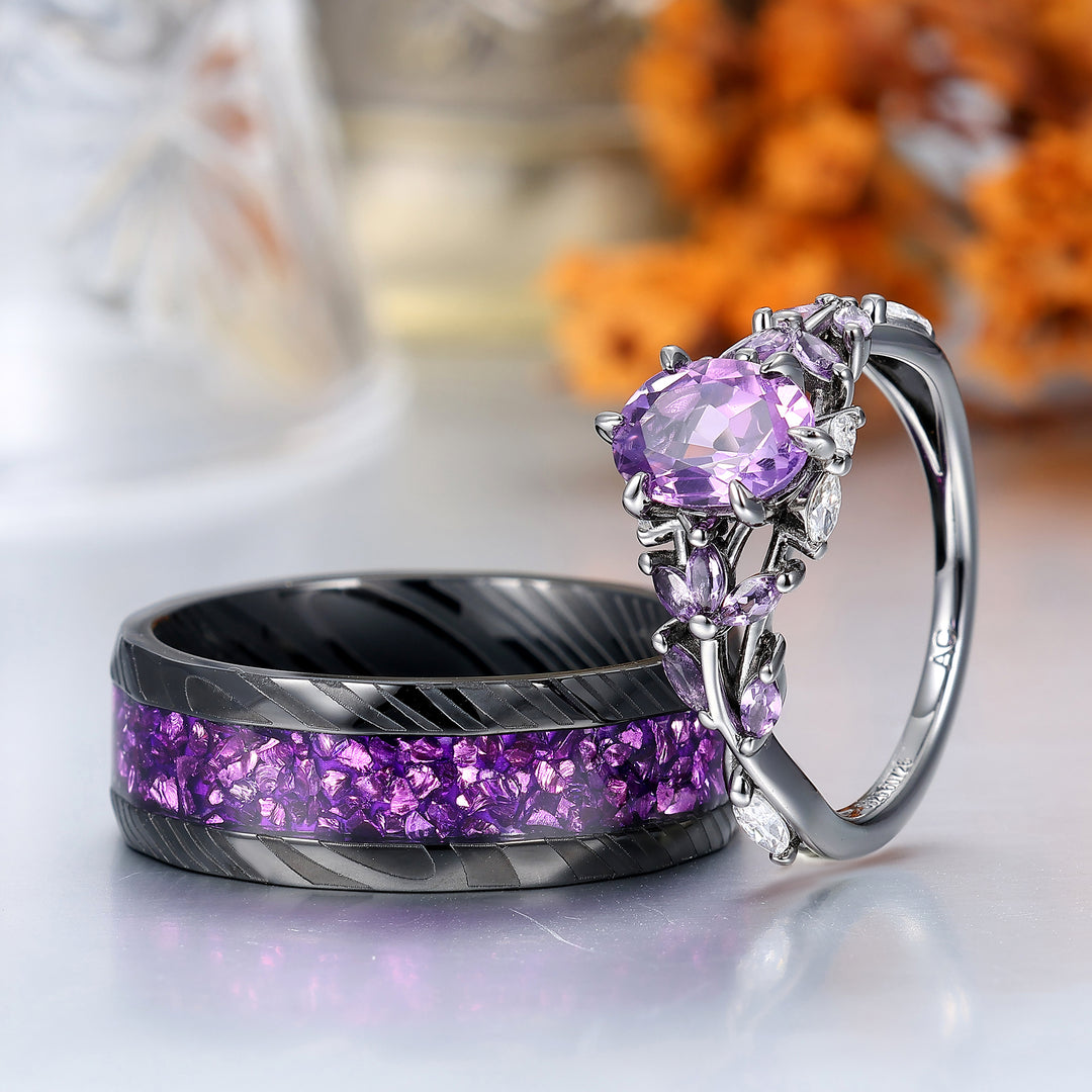 Art Deco Purple Amethyst Engagement Promise Couple Rings His and Hers Wedding Band